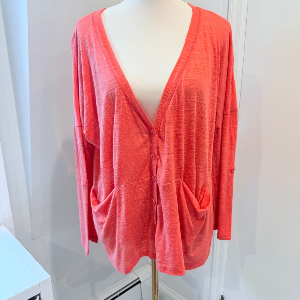 Splendid Coral Slub Knit Roll-Tab Cardigan Sweater Lightweight Layer | Size 2X
